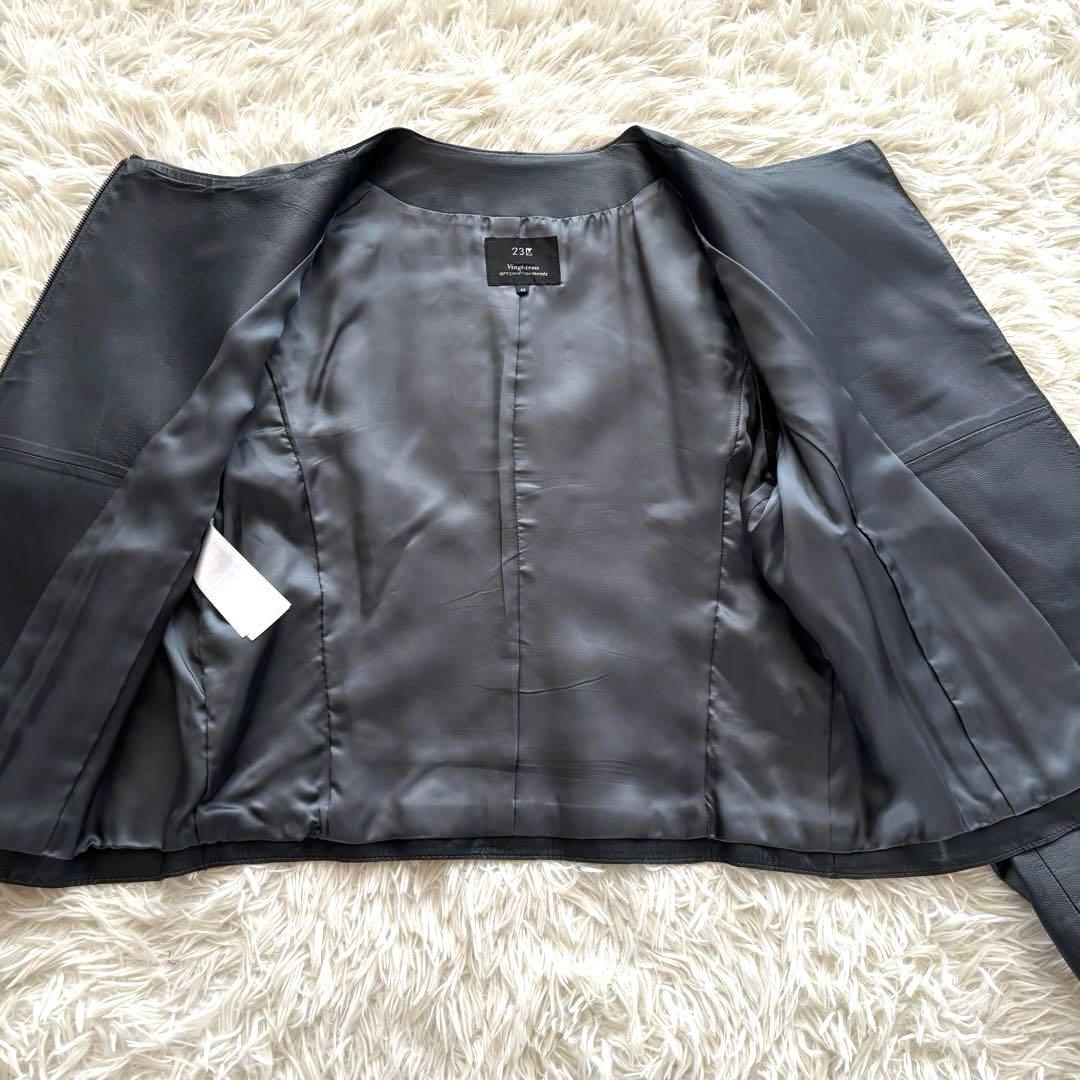 極美品23区ダブルライダースジャケットノーカラー羊革チャコール 大きいサイズ44