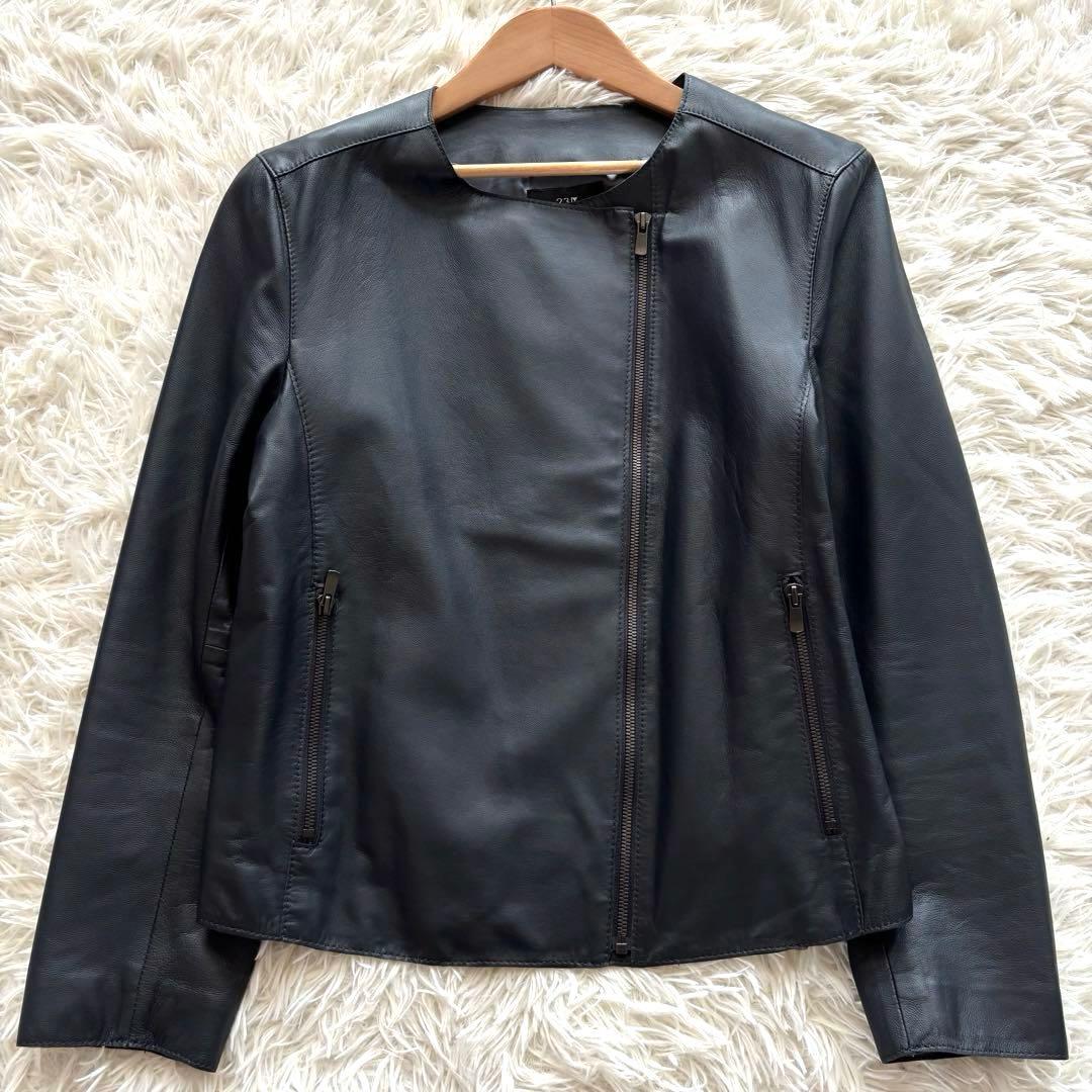 極美品23区ダブルライダースジャケットノーカラー羊革チャコール 大きいサイズ44