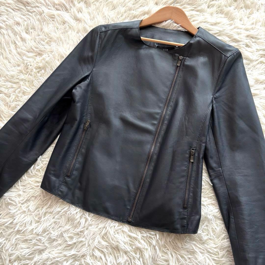 極美品23区ダブルライダースジャケットノーカラー羊革チャコール 大きいサイズ44