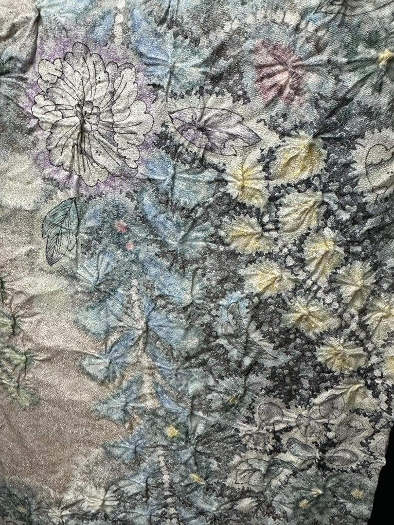 辻が花 銀通し振袖 青緑系 辻が花膨れ織六通柄袋帯フルセット