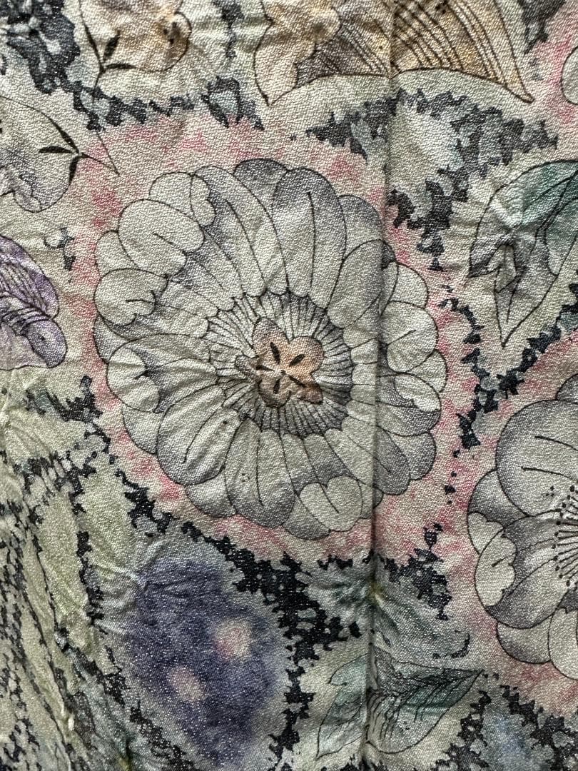 辻が花 銀通し振袖 青緑系 辻が花膨れ織六通柄袋帯フルセット