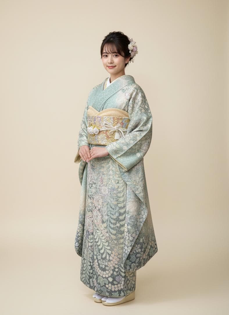 辻が花 銀通し振袖 青緑系 辻が花膨れ織六通柄袋帯フルセット