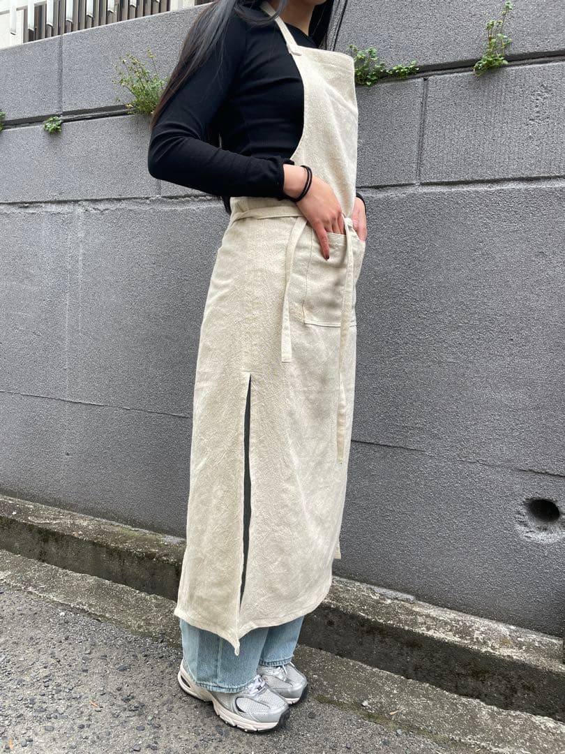リネン100%ロングエプロン深スリット