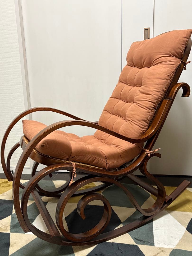 【クッション付き】木製ロッキングチェア ラタン