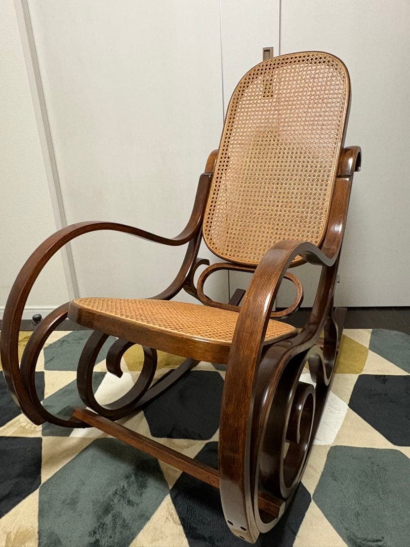 【クッション付き】木製ロッキングチェア ラタン