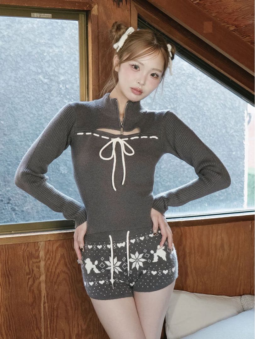 最終値下げ！ダーリッチ ステッチリボンオープンニットトップス グレー