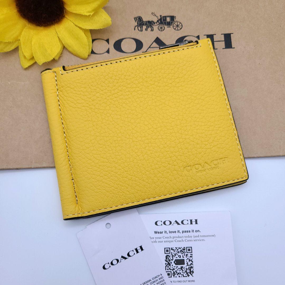 COACH マネークリップ 新品 カナリー 新作 レザー メンズ 黄色