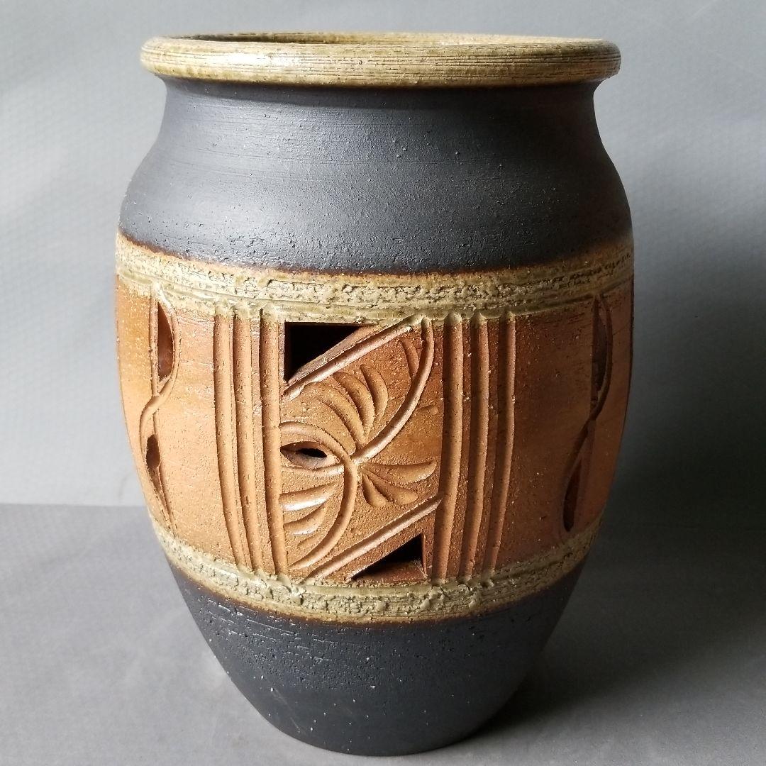 信楽焼 傘立て 灰釉彫壷 高さ４４cm