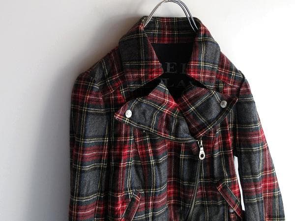 バーバリーブルーレーベル シワ加工 チェック ウール ダブルライダースジャケット