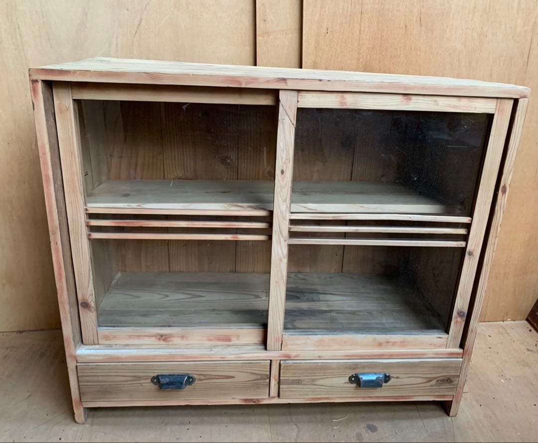 古い木全面ガラス収納陳列棚戸　引き出し2杯　店舗什器古家具