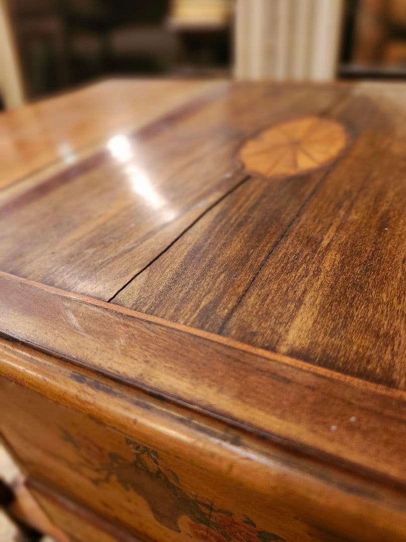 トールペイントとインレイ 古びた小机 座卓 サイドテーブル 棚 家具 引出し