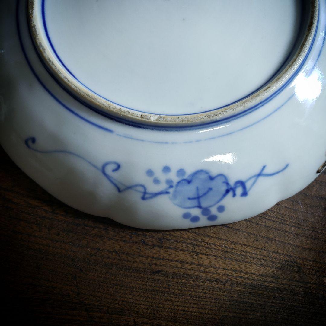 大皿　八寸皿　染付　輪花　山水図　古伊万里　江戸　鎹継ぎ　ハ号