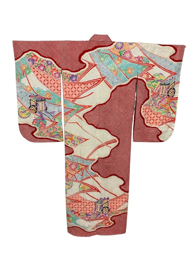 し*☆様 赤色 花柄刺繍 絞り　子供用着物　身丈140 0925