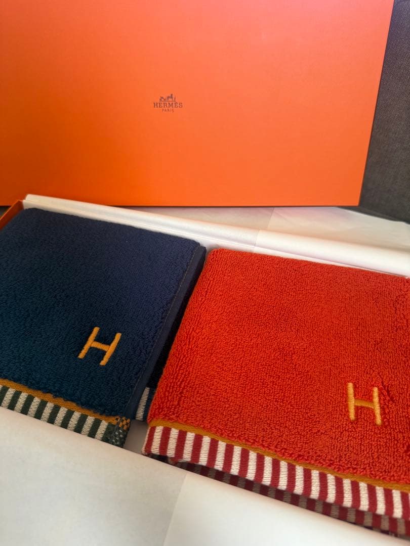 HERMES タオルハンカチ セット ネイビー レッド