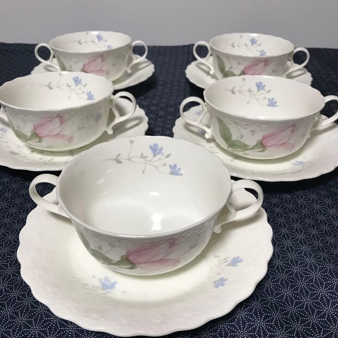 廃盤　ナルミ　両持ち手　エイプリルローズ　スープ　カップ　ソーサー　5客