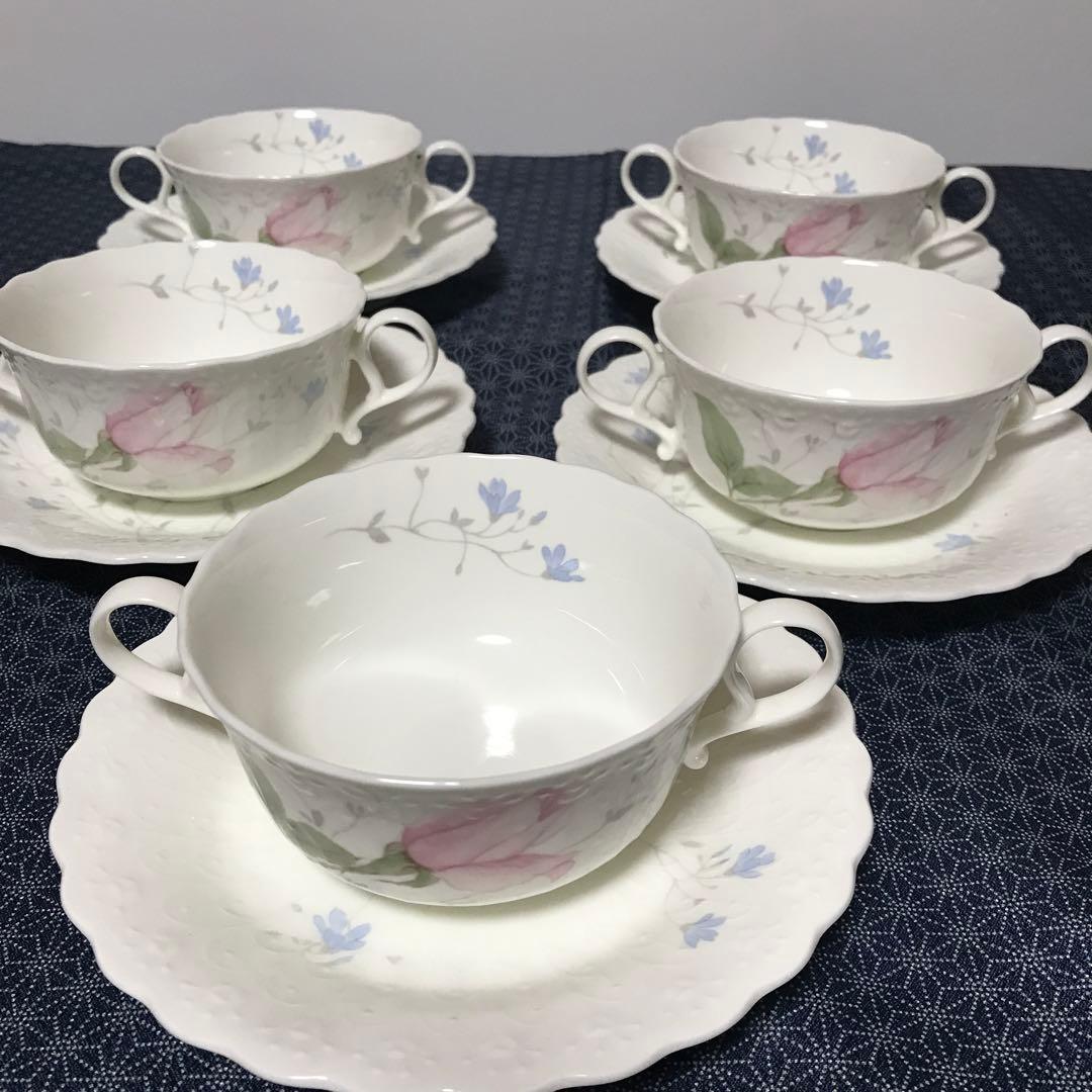 廃盤　ナルミ　両持ち手　エイプリルローズ　スープ　カップ　ソーサー　5客