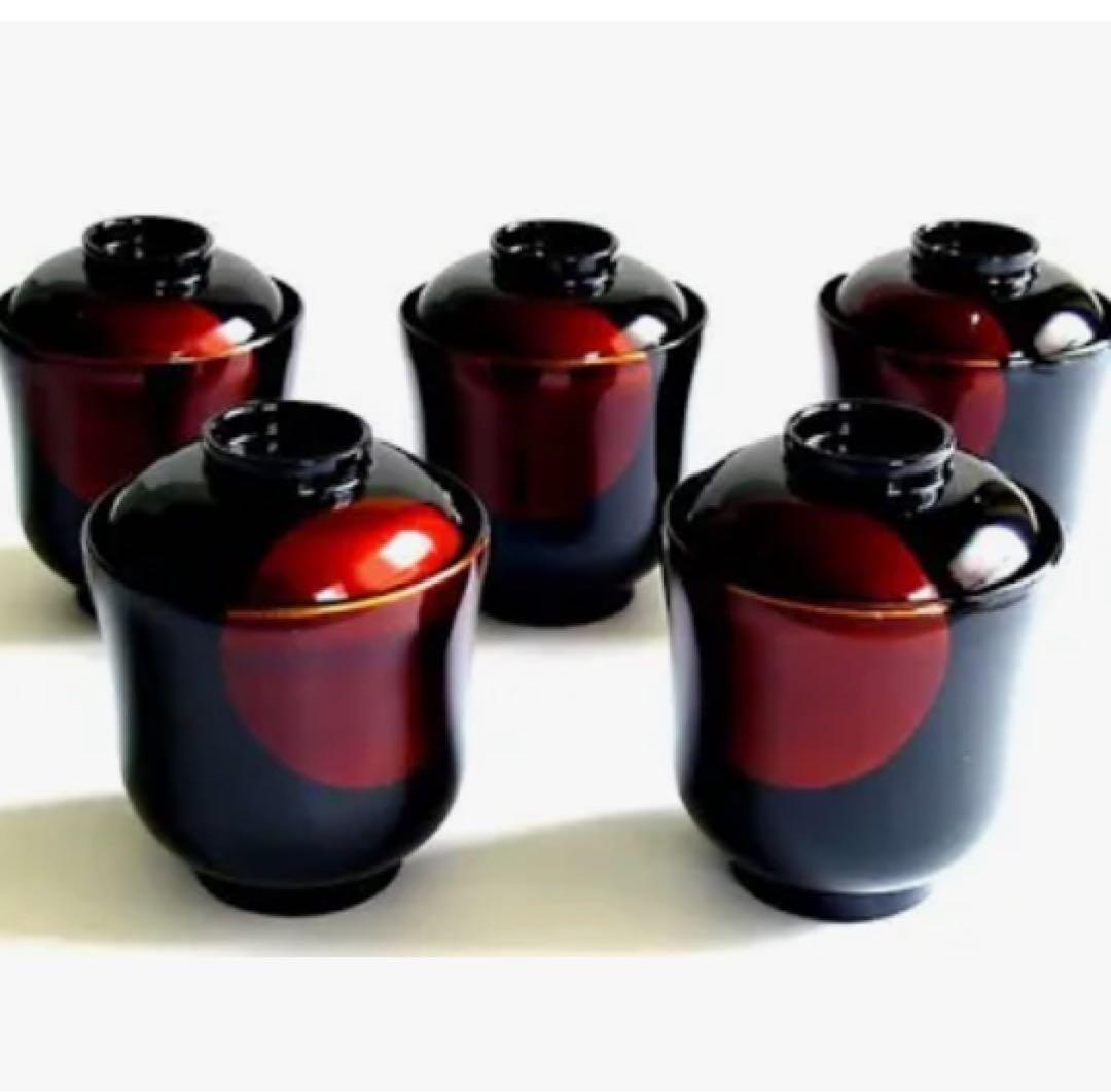 小吸物椀 日月白檀 漆塗り　5脚セット　吸物汁椀