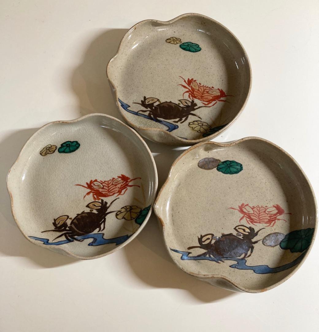 古九谷の蟹図！瓢箪型の中皿三客揃 浜辺の景色図 江戸〜明治期