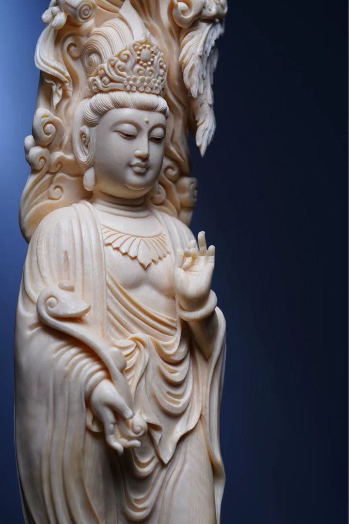 天然マンモス牙美しい手作り彫刻龍鳳観音 置物