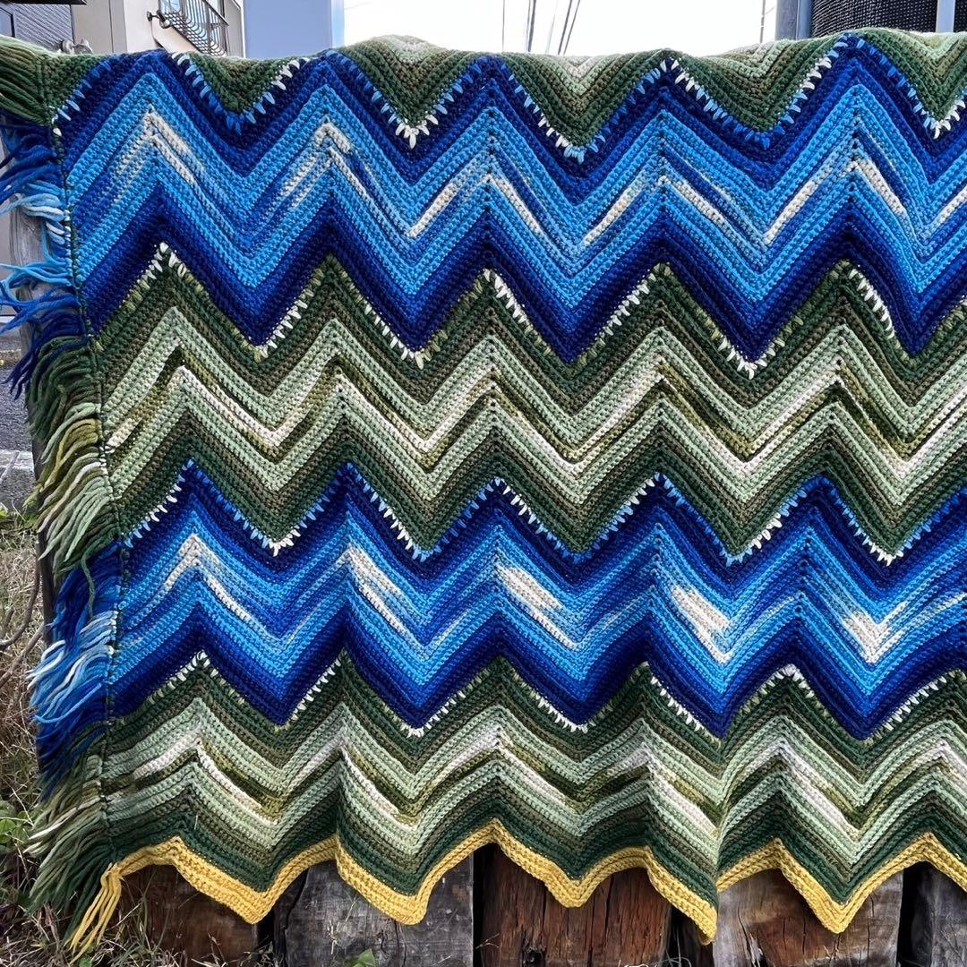 【USA vintage】グラニーブランケット　ラグ　寒色系　アメリカ