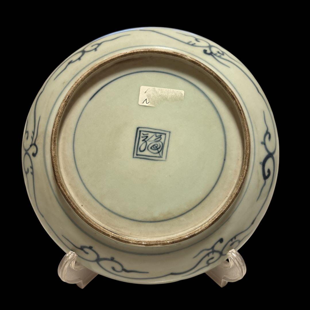 伊万里 有田 染付 印判手 輪花皿 蛸唐草 花丸繋ぎ 見返し蓮弁 見込 四君子