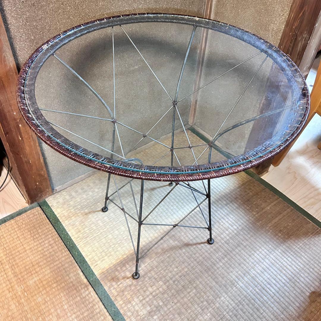 ヤマカワラタン 山川ラタン　ガラステーブル 丸テーブル 籐×ガラス　剣持勇