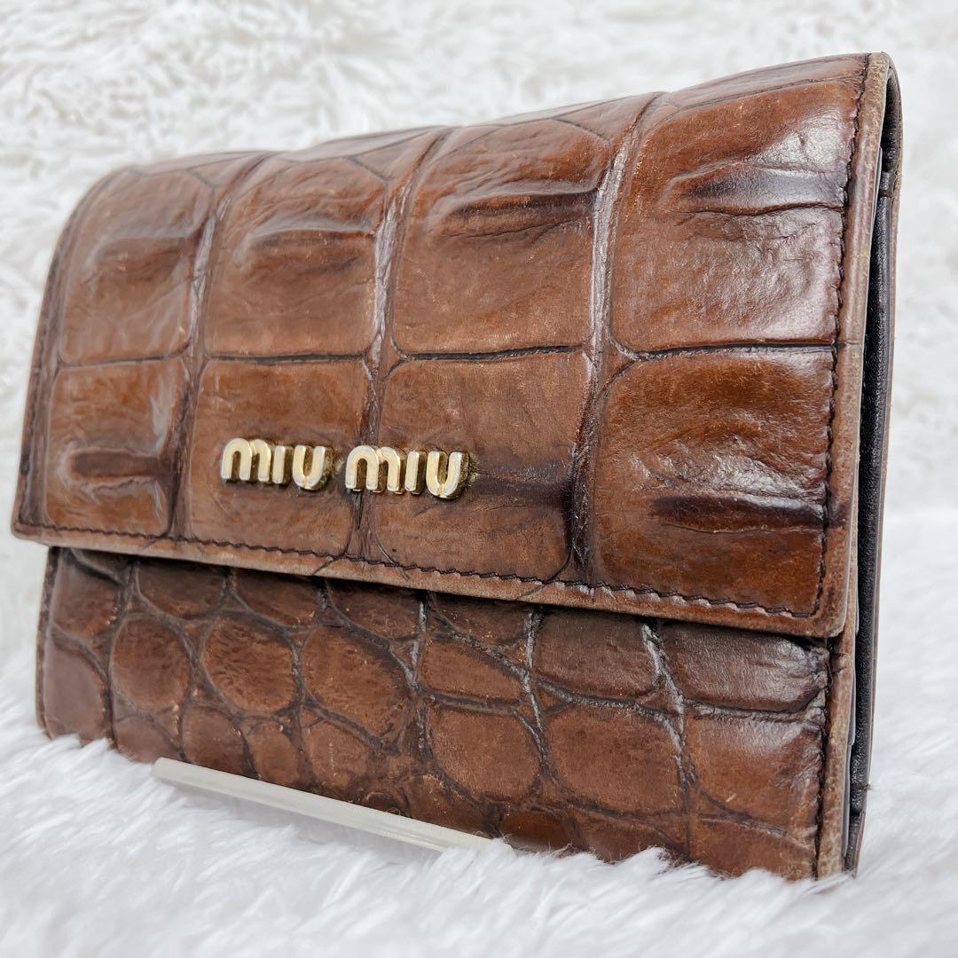 sa ミュウミュウ 折り財布クロコ型押し レザー y2k アーカイブ 茶