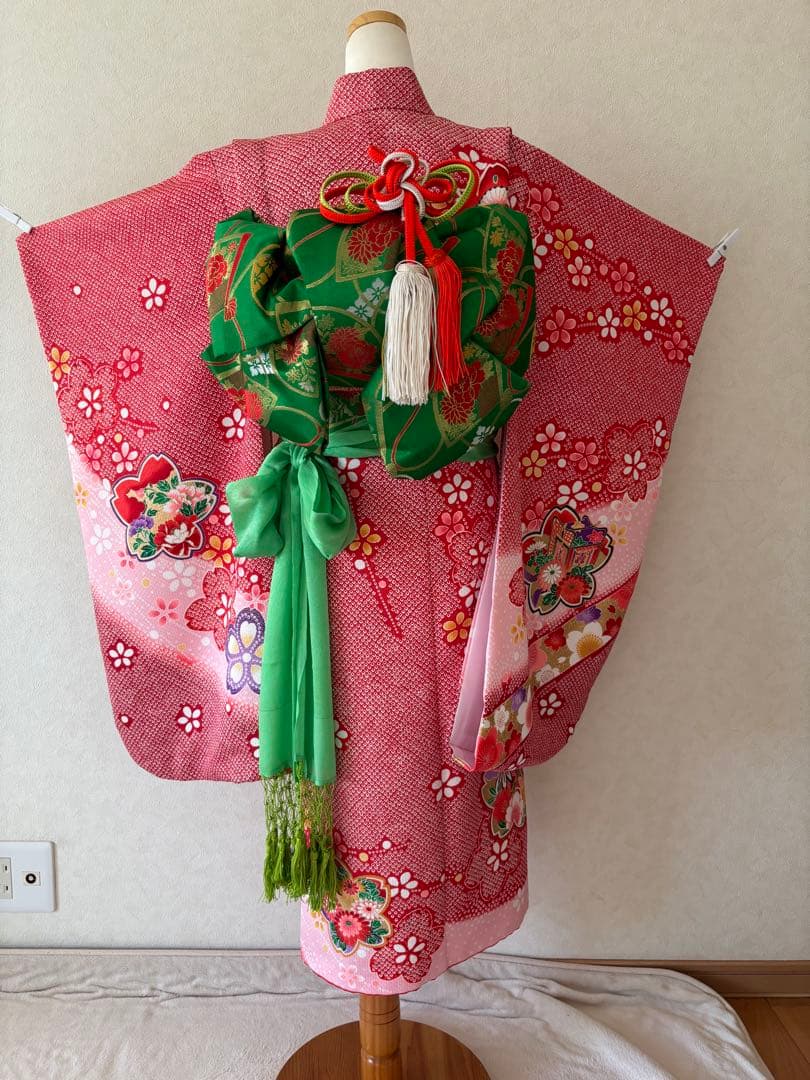 c*u様 美品 ７歳 七五三 お着物セット 作り帯 バッグ 草履 帯揚げ しごき