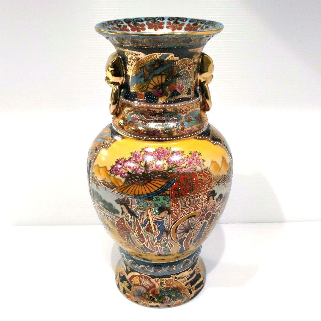 薩摩焼 金襴手 金彩 色絵 色錦 豪華絢爛 武者図 美人画 飾り壺 古美術 花器