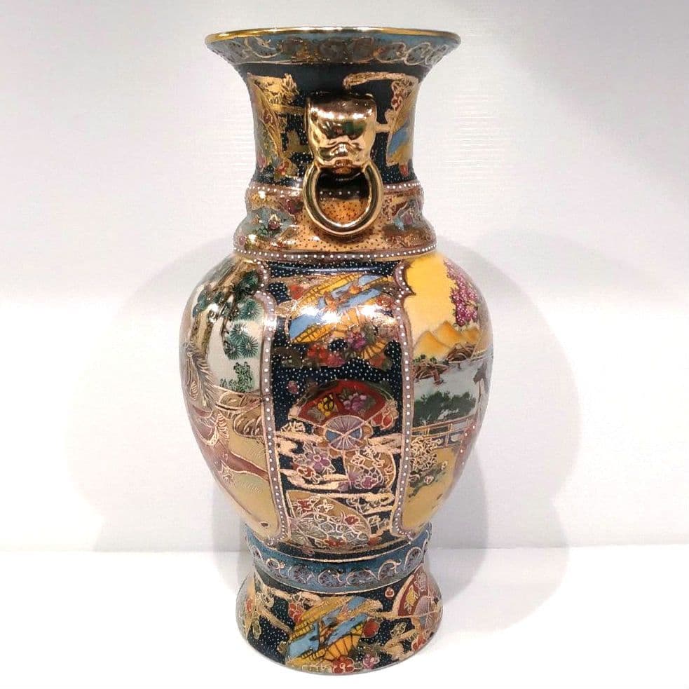 薩摩焼 金襴手 金彩 色絵 色錦 豪華絢爛 武者図 美人画 飾り壺 古美術 花器