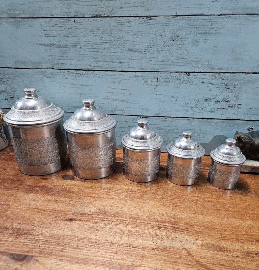 フランスアンティーク 古いアルミのキャニスター 5点セット 蓋付き ポット