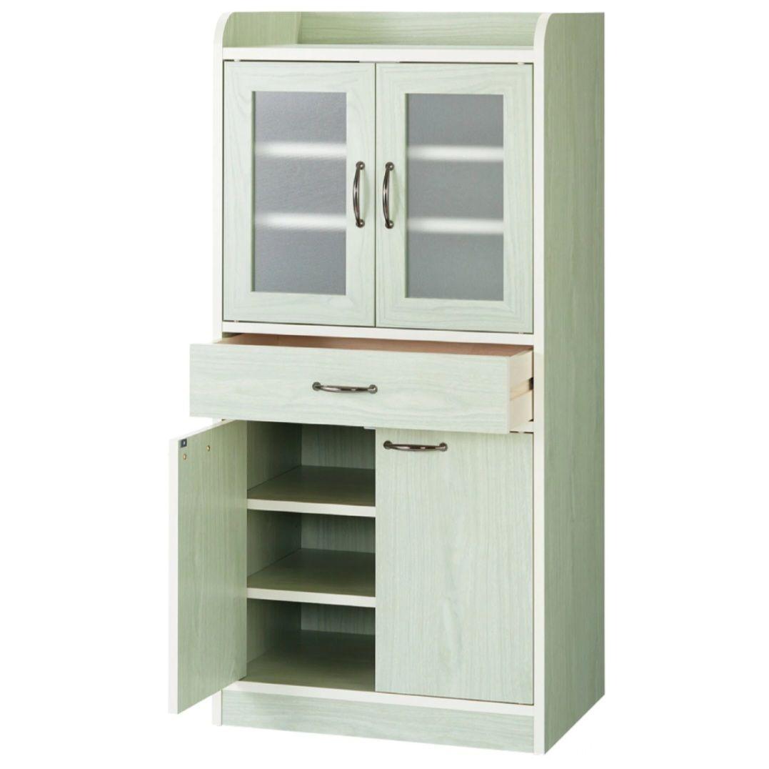キッチン収納 キッチンボード ミニ食器棚 キャビネット ミストガラス扉 グリーン