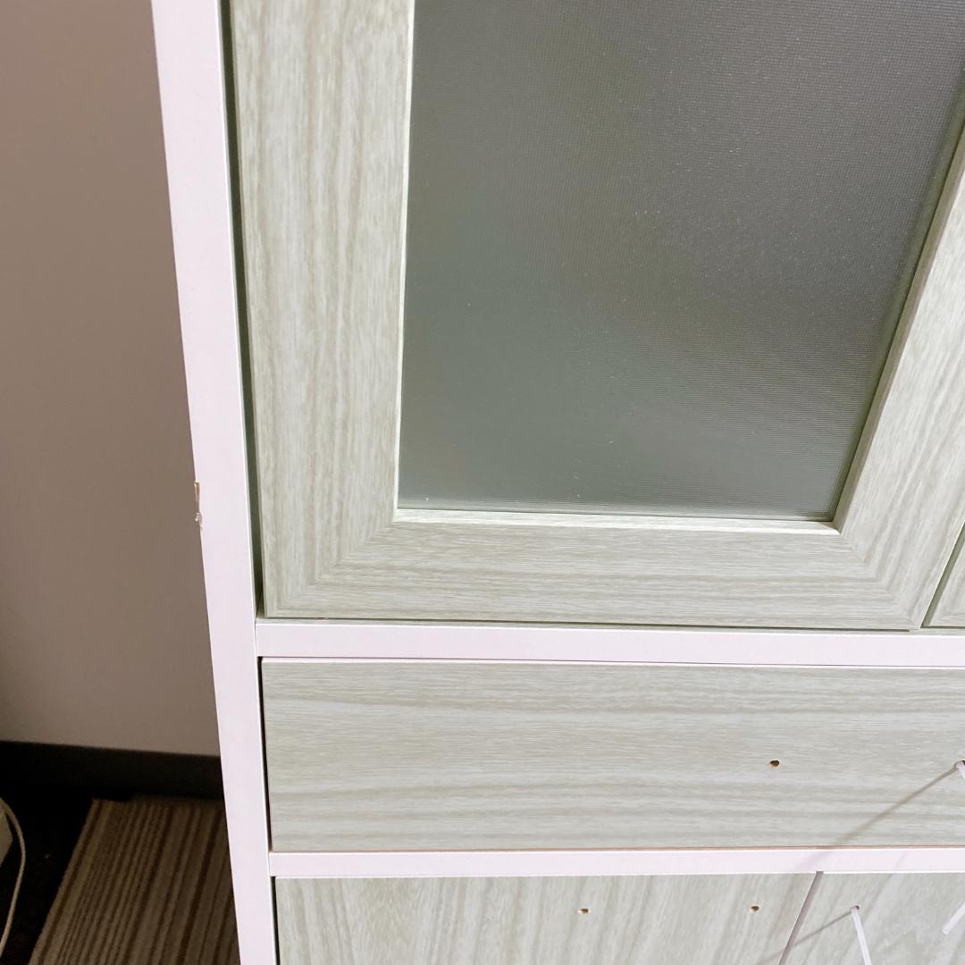 キッチン収納 キッチンボード ミニ食器棚 キャビネット ミストガラス扉 グリーン