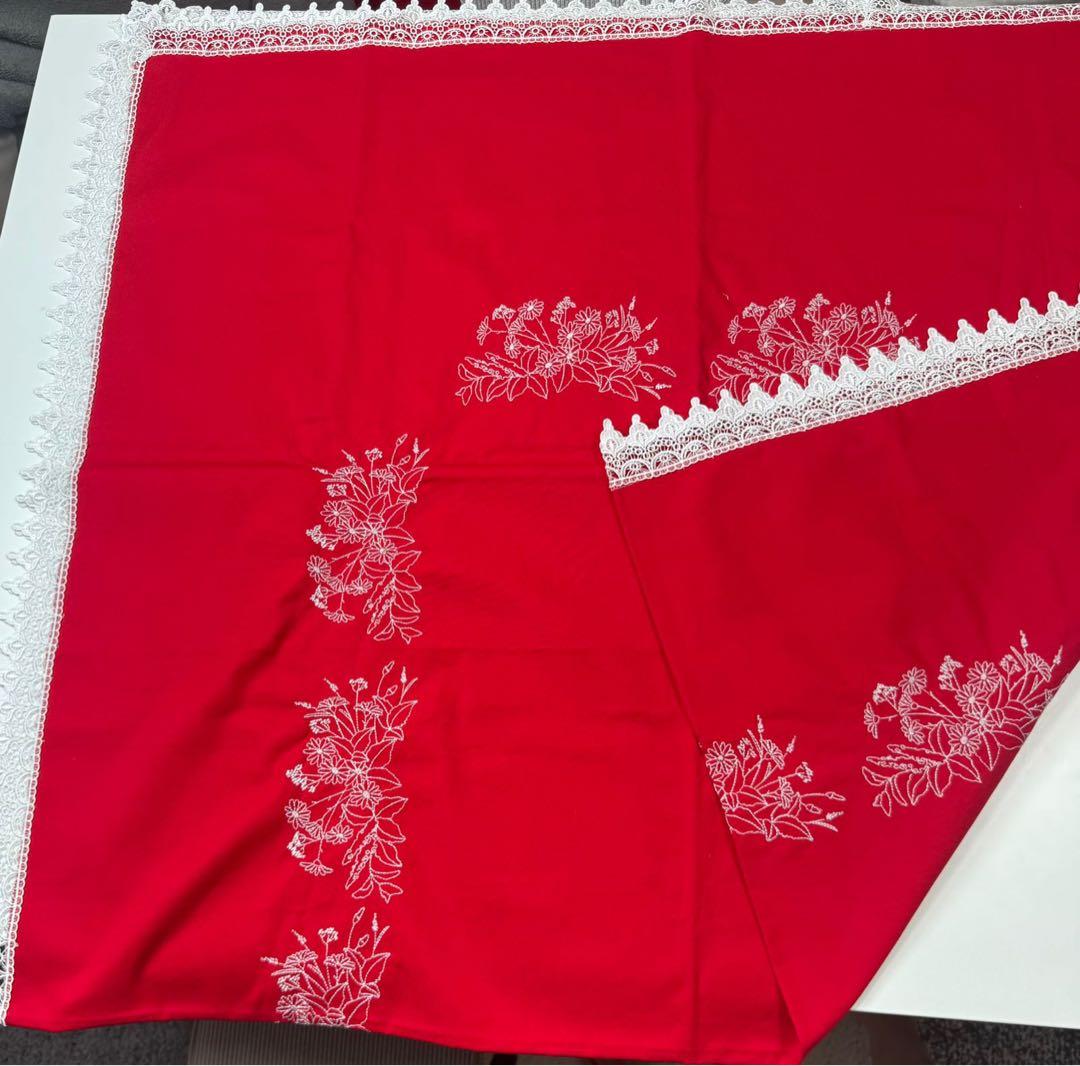 ハンドメイド テーブルクロス レッド×ホワイトレース 新品