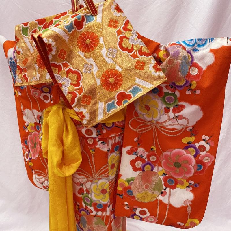 503ag23◎七五三 七歳 女児 アンティーク ねじり梅 着物&袋帯&長襦袢◎