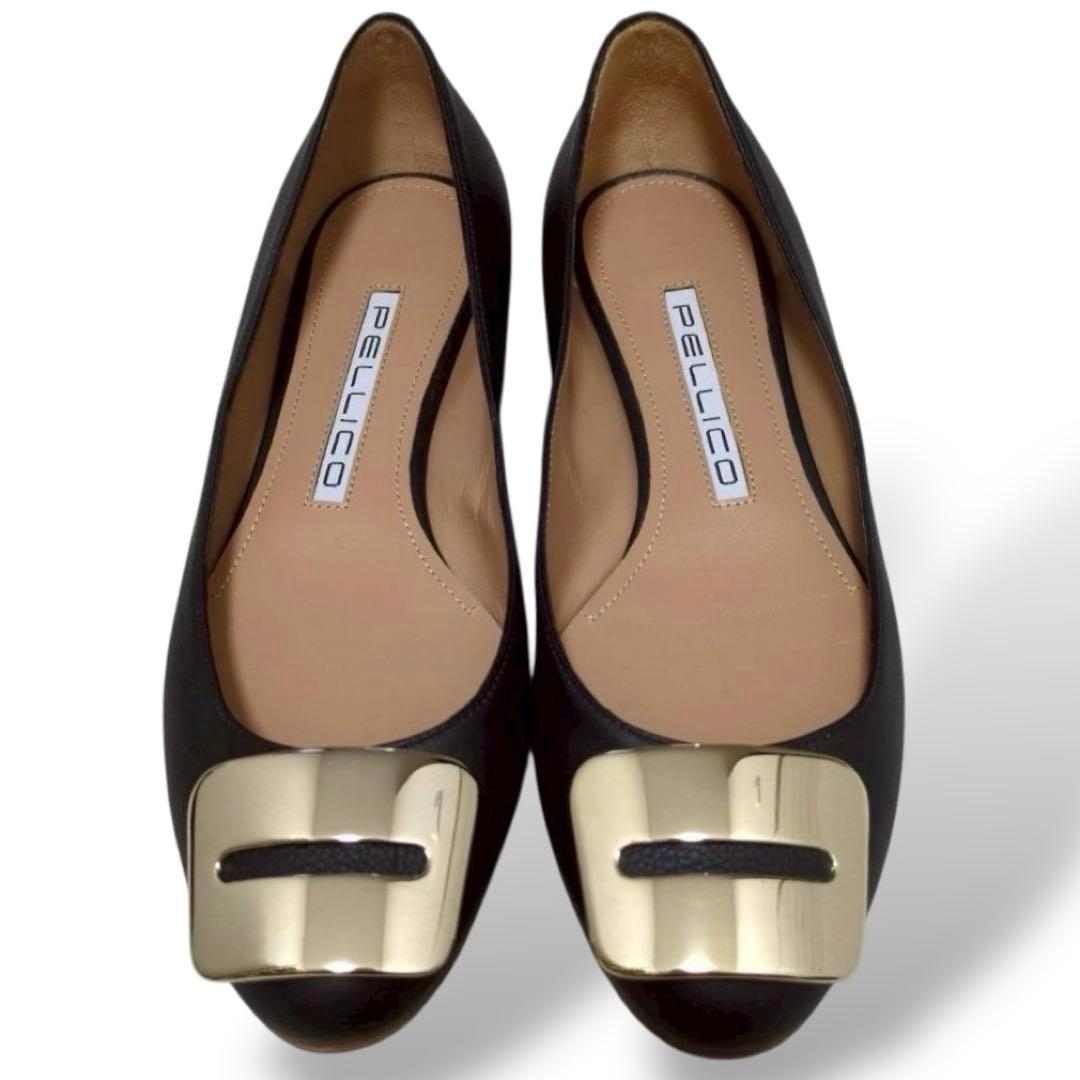 極美品　ペリーコ　アネッリ　ローヒール　パンプス　バックル　ダークグレー　レザー