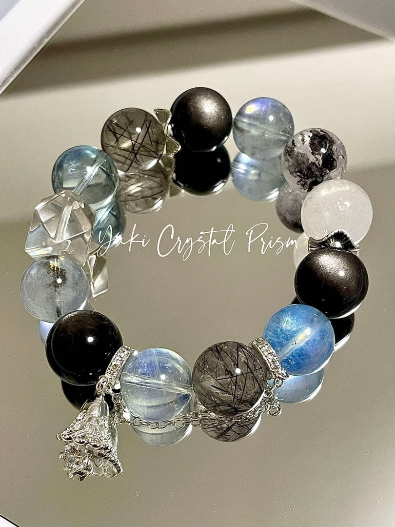 アクアマリン×ブラックルチルクォーツ×シルバーオブシディアン　天然石ブレスレット