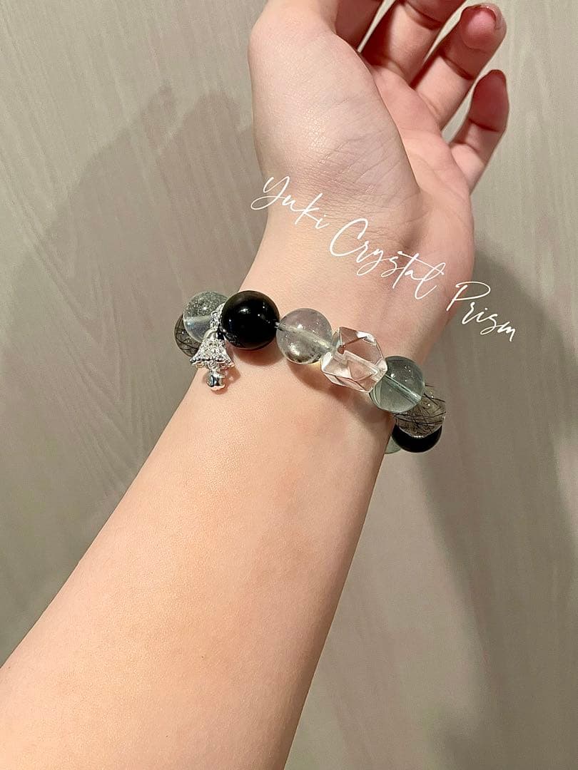 アクアマリン×ブラックルチルクォーツ×シルバーオブシディアン　天然石ブレスレット