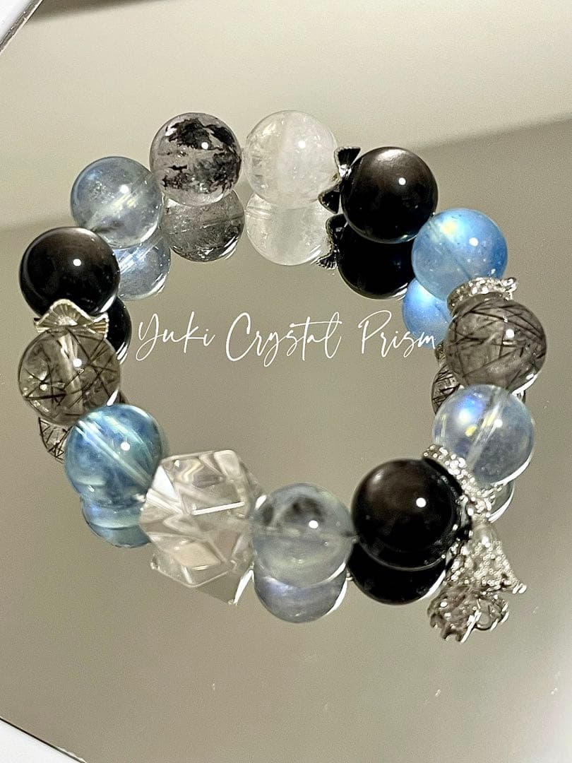 アクアマリン×ブラックルチルクォーツ×シルバーオブシディアン　天然石ブレスレット