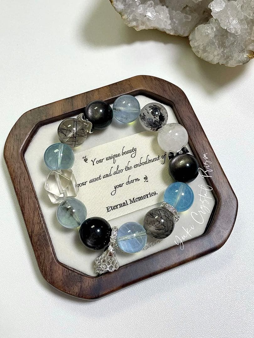 アクアマリン×ブラックルチルクォーツ×シルバーオブシディアン　天然石ブレスレット