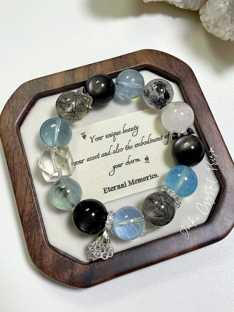 アクアマリン×ブラックルチルクォーツ×シルバーオブシディアン　天然石ブレスレット