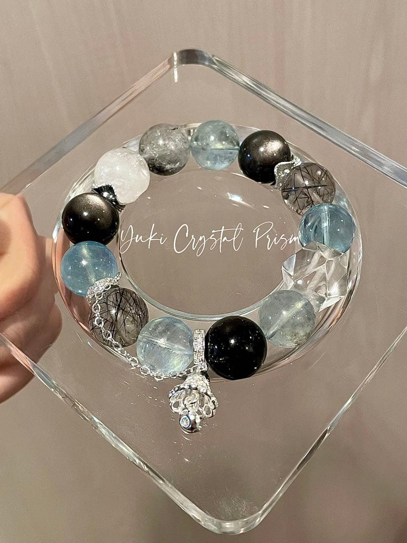 アクアマリン×ブラックルチルクォーツ×シルバーオブシディアン　天然石ブレスレット