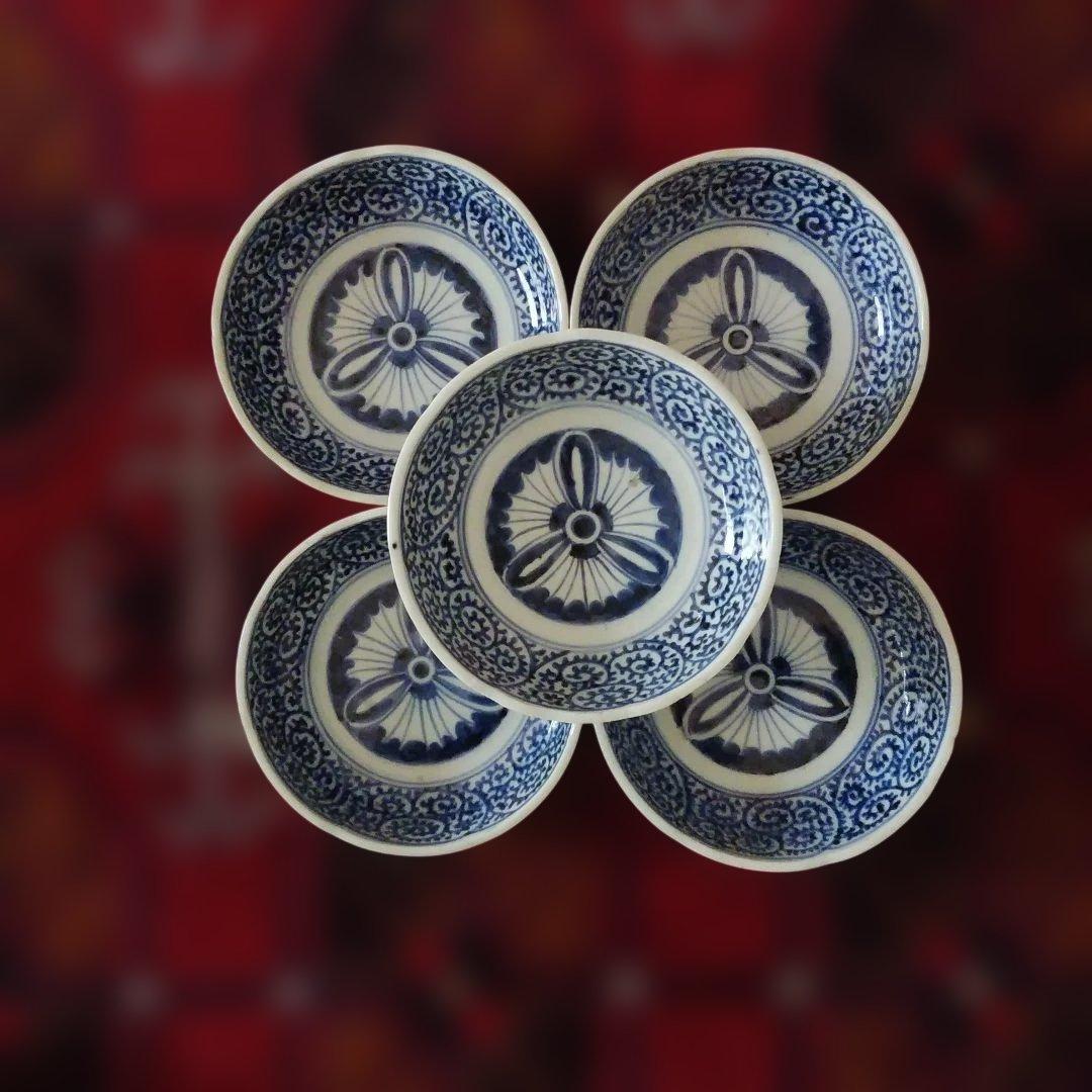 古伊万里 染付 蛸唐草文皿 五客 なます皿 くらわんか 筒江窯 アンティーク