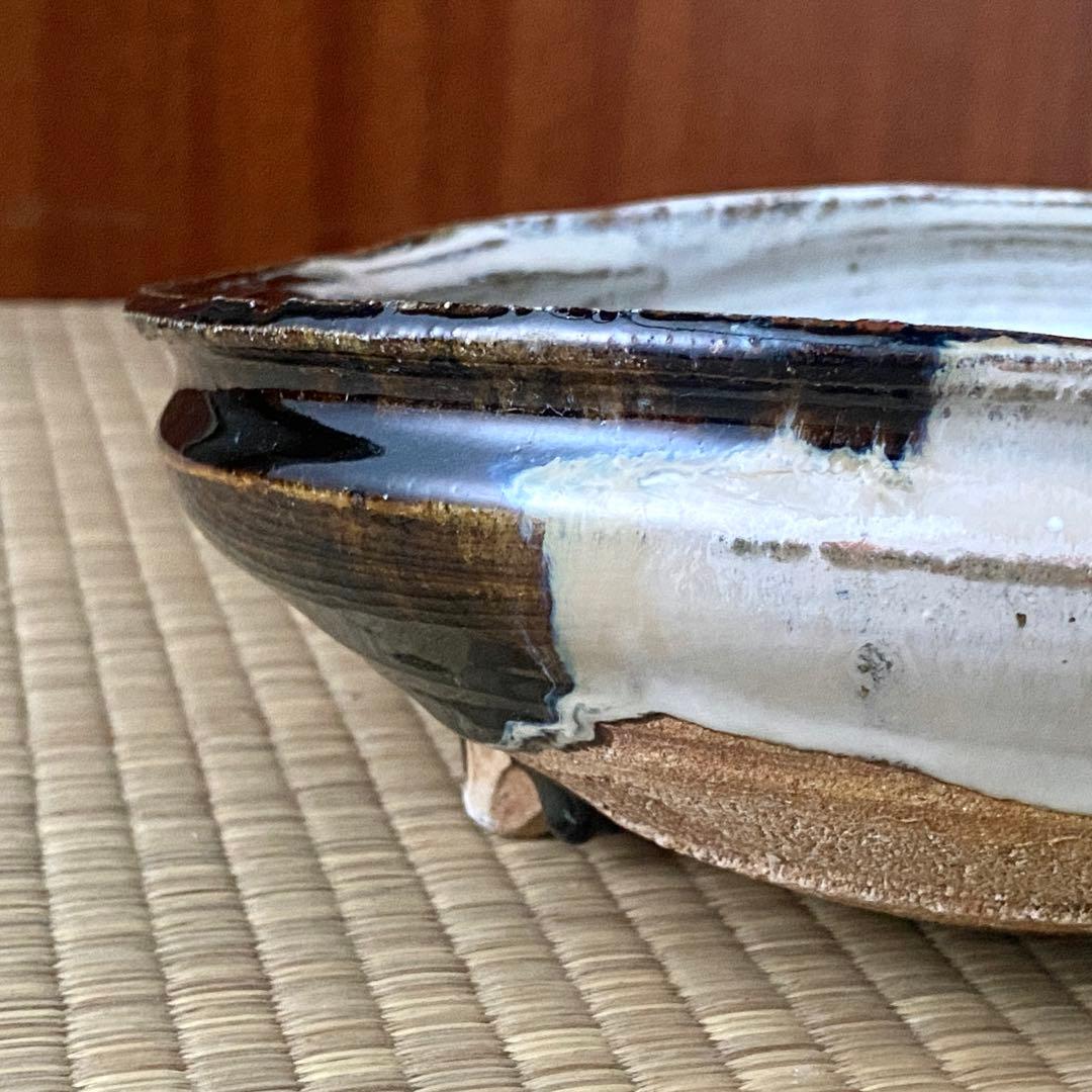 美品 未使用 唐津焼 岡本作礼造 【朝鮮唐津】 鮑型 脚付鉢 共箱