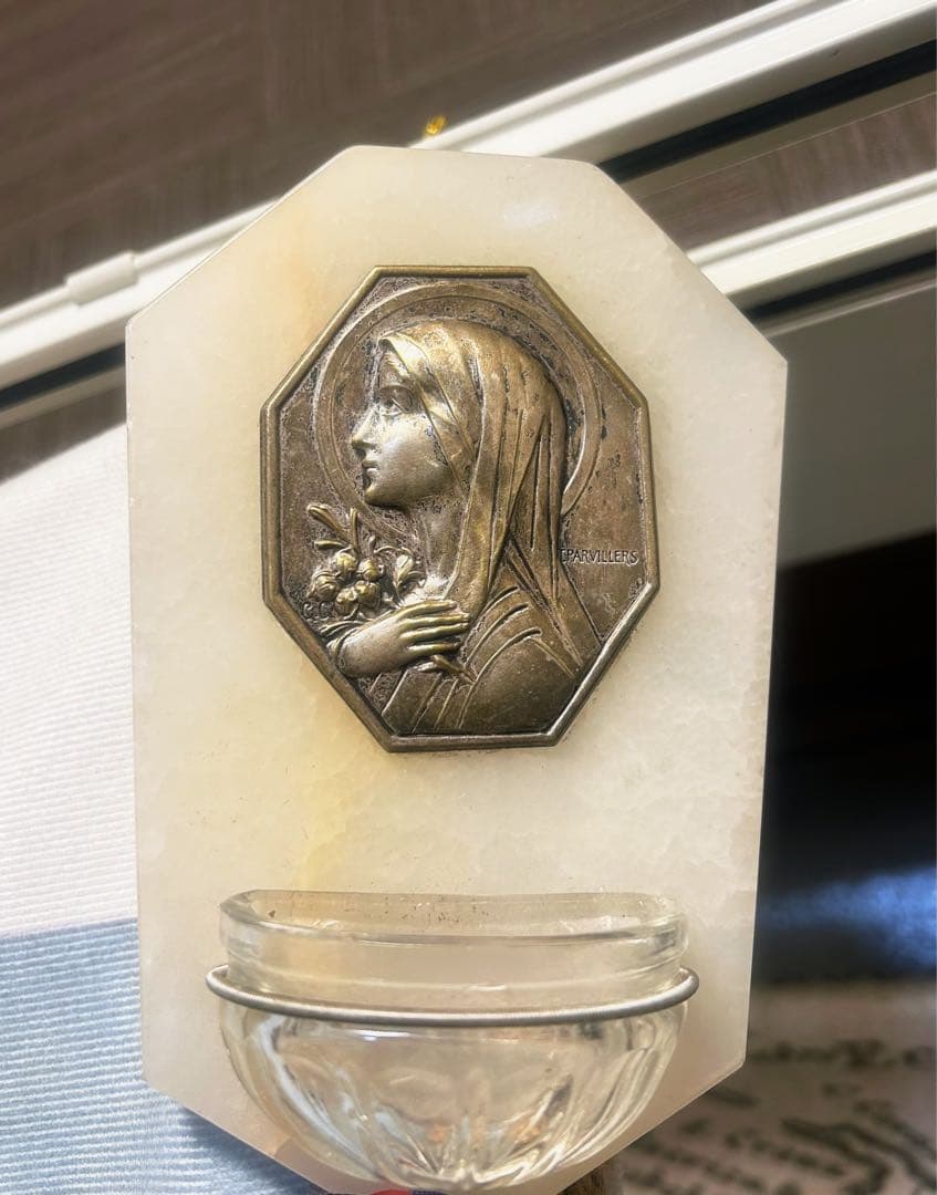 フランス　アンティーク　聖水盤　大理石 静か　聖母　ブロカント ベニティエ