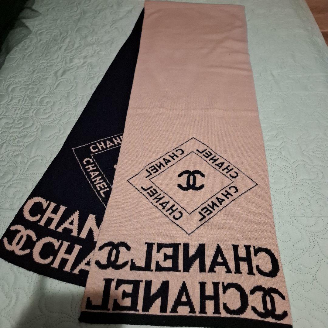 CHANEL ロゴ入りニットマフラー ブラック/ベージュ