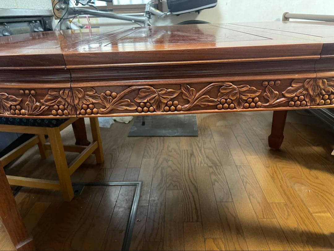 中国美術 ダイニング7点セット 花梨材 無垢 彫刻 アンティーク調 伸長式