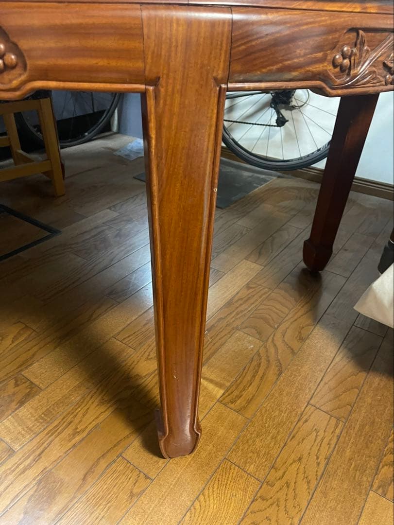 中国美術 ダイニング7点セット 花梨材 無垢 彫刻 アンティーク調 伸長式