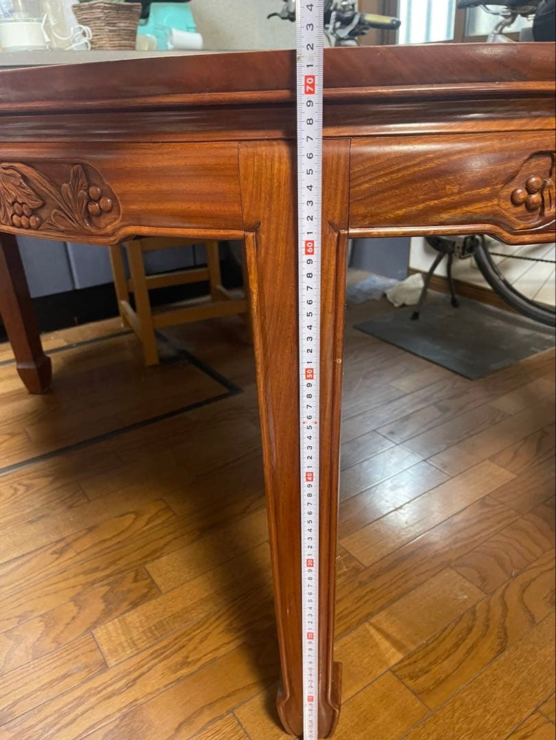 中国美術 ダイニング7点セット 花梨材 無垢 彫刻 アンティーク調 伸長式