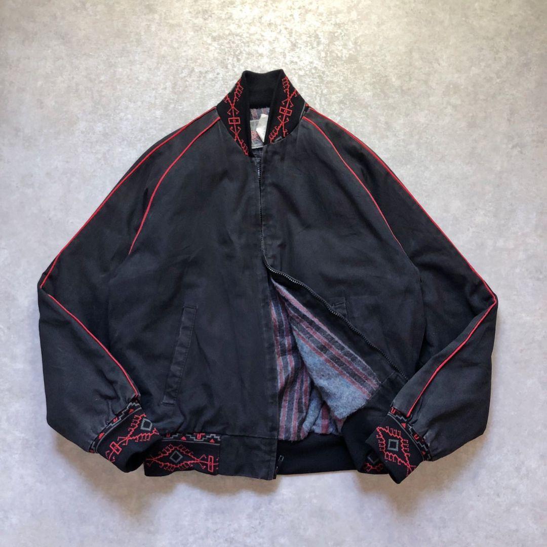 80sヴィンテージネイティブ柄ボンバージャケットダック生地スミクロ短丈